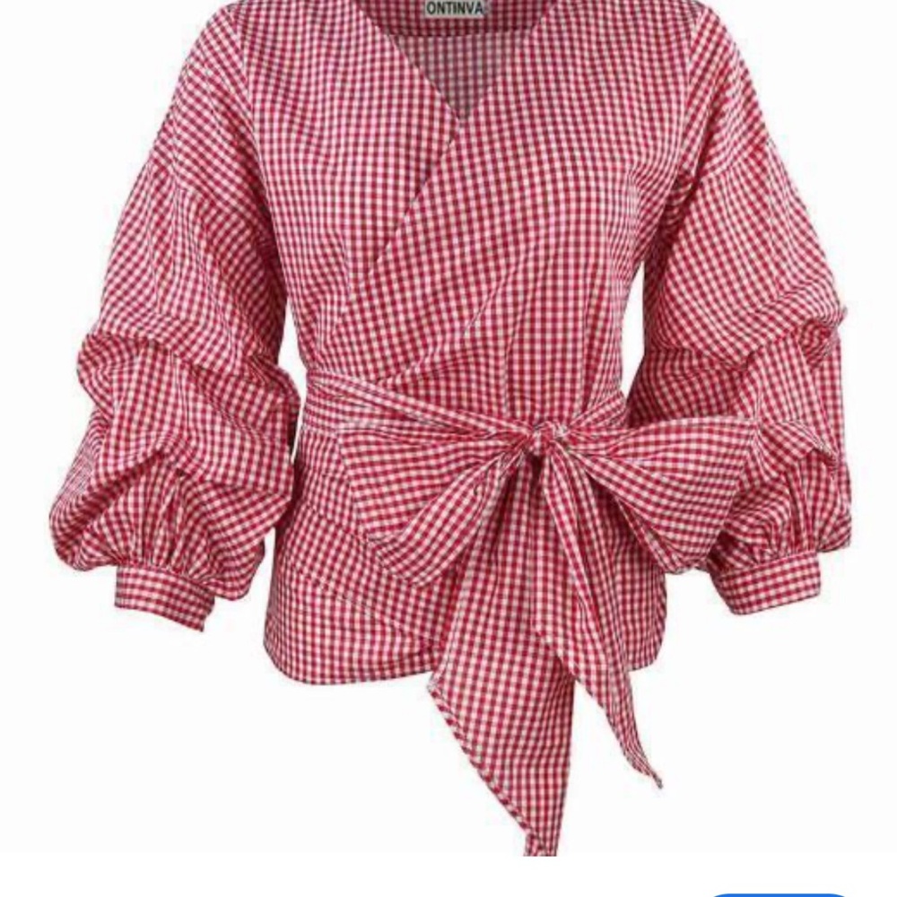 Halogen Red Gingham Wrap Blouse